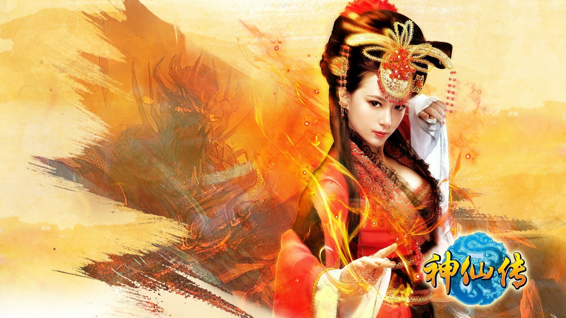 HD PC desktop wallpaper featuring an Asian woman in fantasy Jade Dynasty cosplay with vibrant orange and gold tones and mystical dragon imagery.