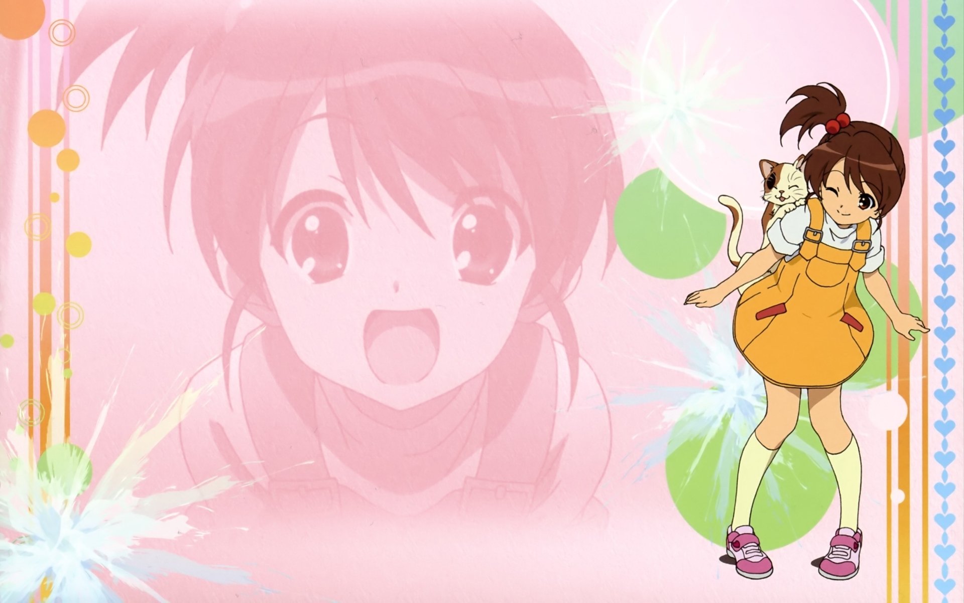 Anime HD PC desktop wallpaper from The Melancholy of Haruhi Suzumiya — smiling Haruhi in an orange dress with a cat on her shoulder against a soft pink, floral-accented background.