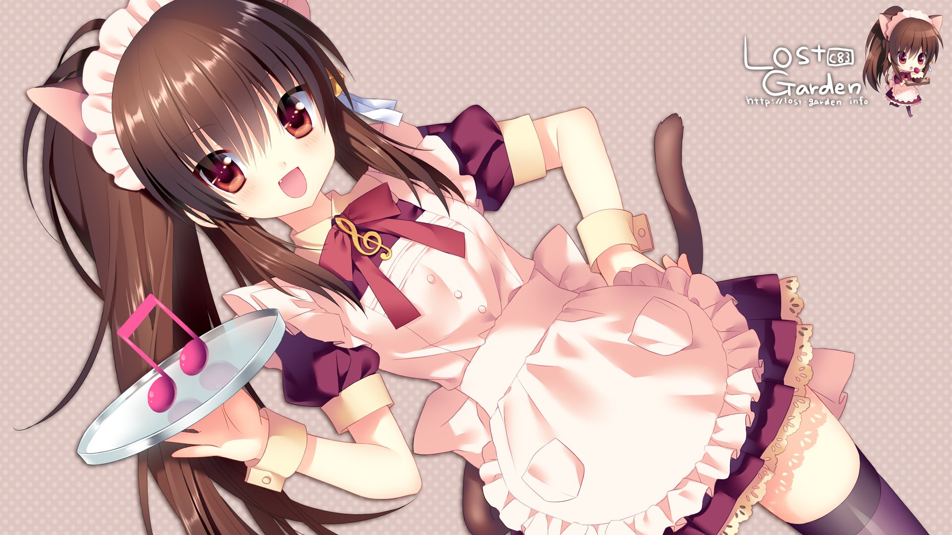 HD PC desktop wallpaper featuring an anime-style character from Little Busters! dressed in a maid outfit with cat ears and tail, holding a tray with a music note.