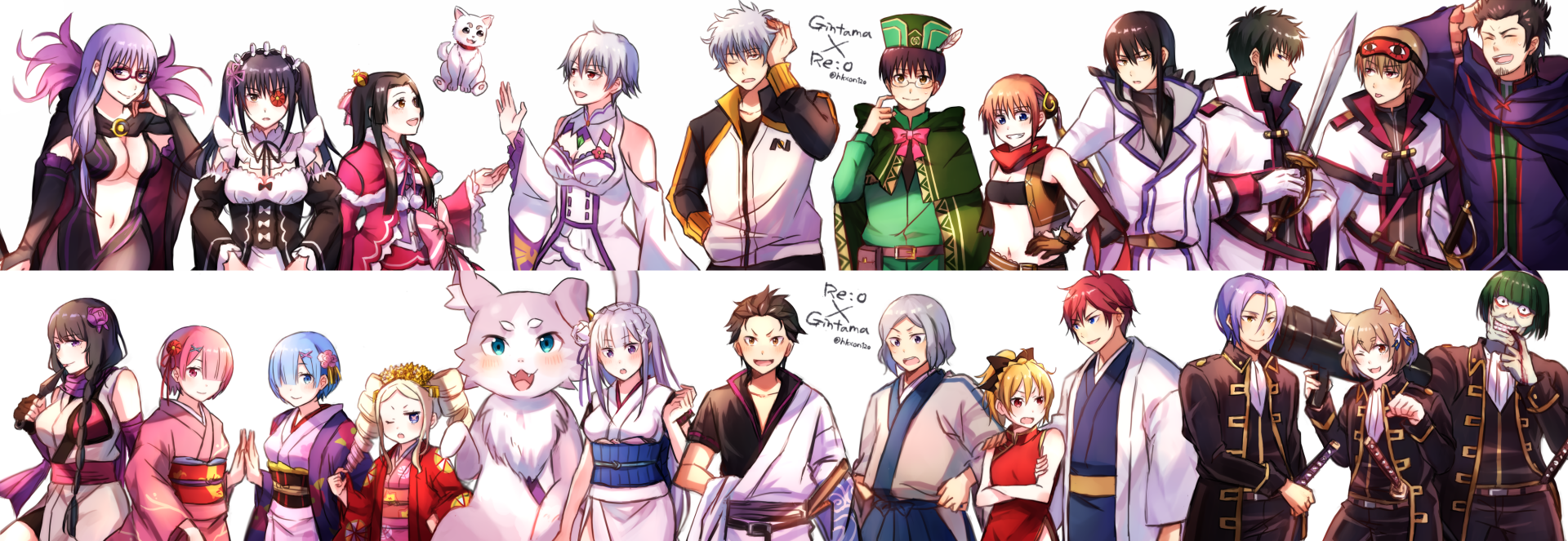 HD PC desktop wallpaper featuring a vibrant anime crossover of Gintama and Re:Zero characters in dynamic poses against a clean white background.