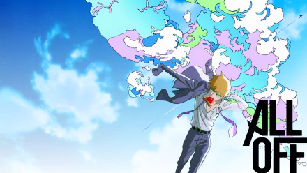 An HD desktop wallpaper featuring an anime scene from Mob Psycho 100, showcasing a character against a vibrant, cloud-filled sky.