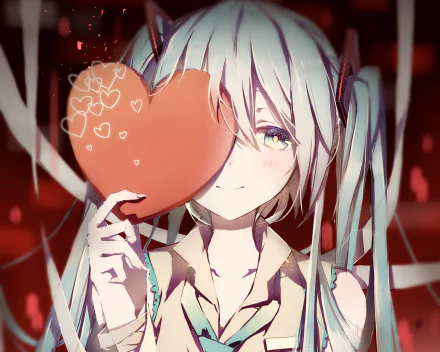 Hatsune Miku, the popular Vocaloid character, cheerfully holds a heart in this vibrant HD anime wallpaper, showcasing her playful charm amidst a backdrop of love-themed elements.