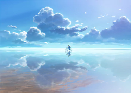 Anime-style HD desktop wallpaper featuring a lone cyclist riding across a reflective surface beneath a vibrant sky filled with fluffy clouds.