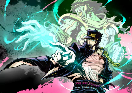 HD PC desktop wallpaper featuring Jotaro Kujo from the anime Jojo's Bizarre Adventure, showcasing dynamic action with vibrant, glowing effects.