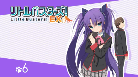 HD PC desktop wallpaper featuring characters from the anime Little Busters!, showcasing a purple-haired girl in front and a boy in the background with the series logo.