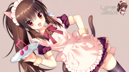 HD PC desktop wallpaper featuring an anime-style character from Little Busters! dressed in a maid outfit with cat ears and tail, holding a tray with a music note.