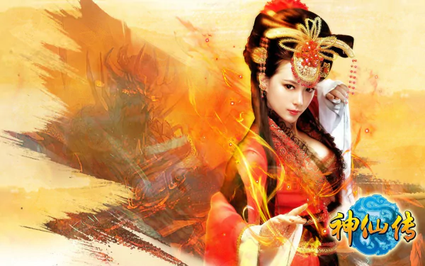 HD PC desktop wallpaper featuring an Asian woman in fantasy Jade Dynasty cosplay with vibrant orange and gold tones and mystical dragon imagery.