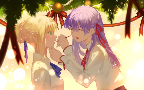 HD anime desktop wallpaper featuring two Fate/Stay Night characters exchanging a tender moment under glowing holiday decorations with warm lighting and festive ribbons.