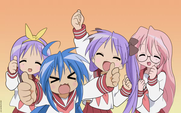HD anime wallpaper featuring four cheerful characters from Lucky Star with vibrant expressions and matching school uniforms against a soft orange background.