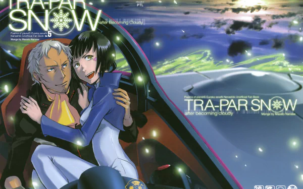 HD PC desktop wallpaper featuring anime characters from Eureka Seven with a sci-fi sky and sleek cockpit setting.