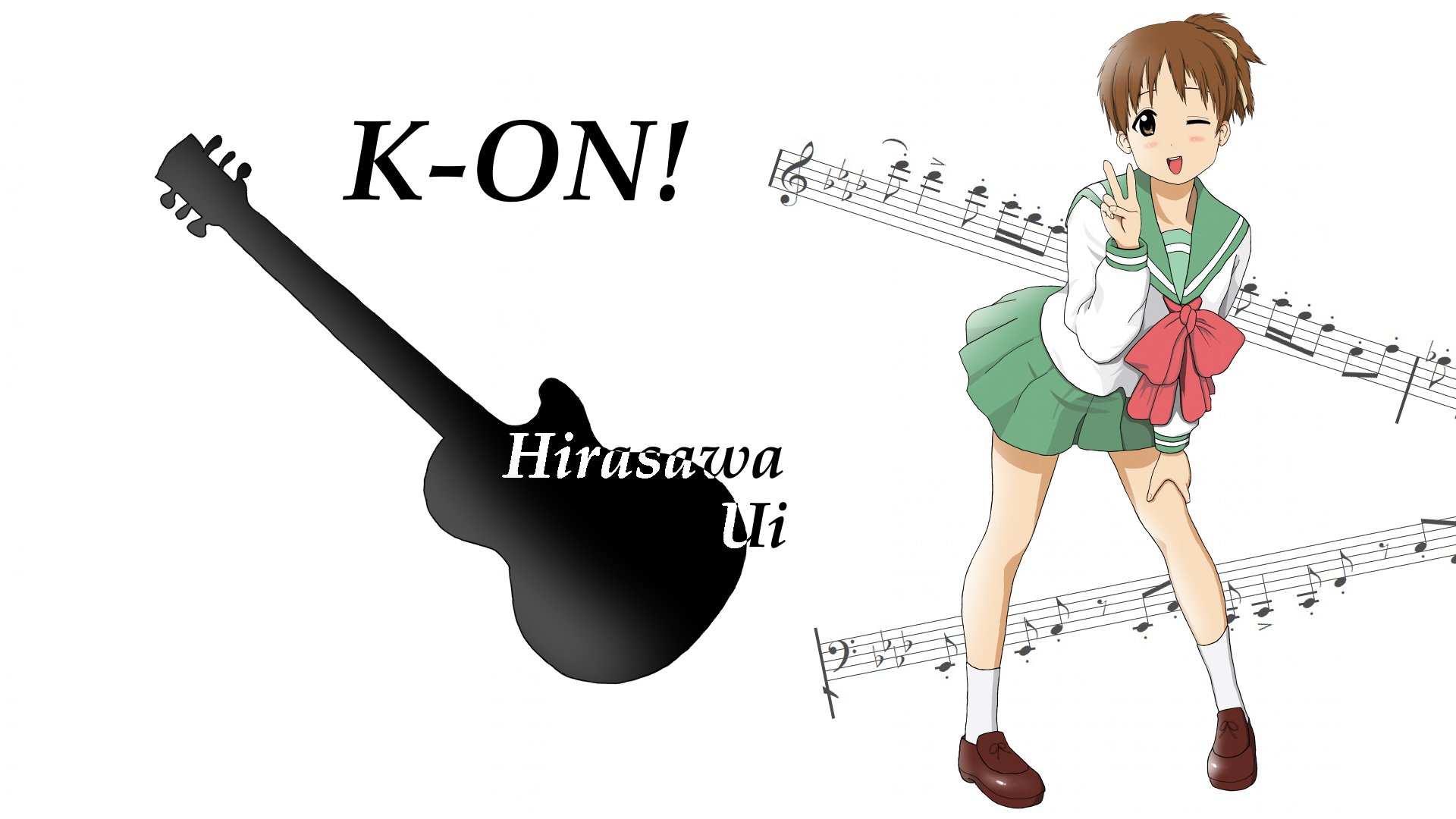 HD PC desktop wallpaper of Ui Hirasawa from K-ON!: cheerful schoolgirl in a green sailor uniform with musical notes beside a black guitar silhouette.