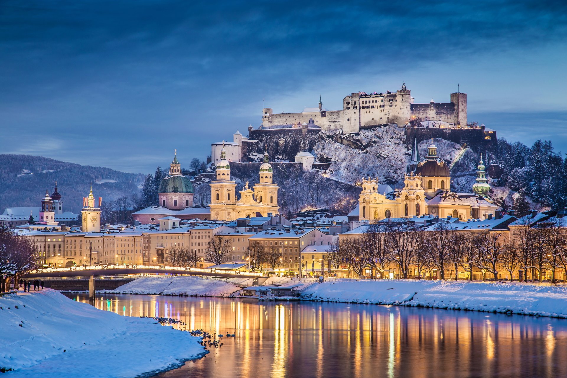Hohensalzburg Castle Winter Twilight Over Salzburg River 4K Ultra HD 