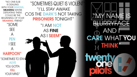 Collage-style HD desktop wallpaper featuring Twenty One Pilots with bold lyrics, silhouettes, and graphic elements reflecting themes from their music and album Blurryface.