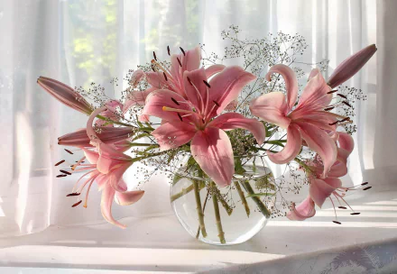 A beautiful arrangement of pink lilies in a clear glass vase sits against a soft backdrop of white curtains, creating an elegant, serene atmosphere for your HD desktop wallpaper.