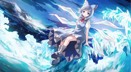 A vibrant HD wallpaper featuring Cirno from Touhou, depicted with short brunette hair, sitting on a wave amidst a dynamic icy background.