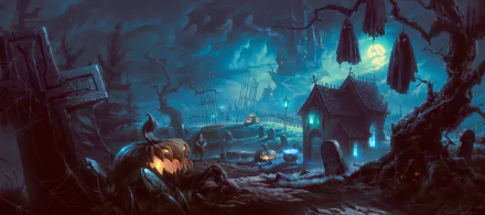 Dark, eerie Halloween scene with a haunted house, glowing jack-o'-lanterns, and ghostly figures, designed as an HD PC desktop wallpaper and background.