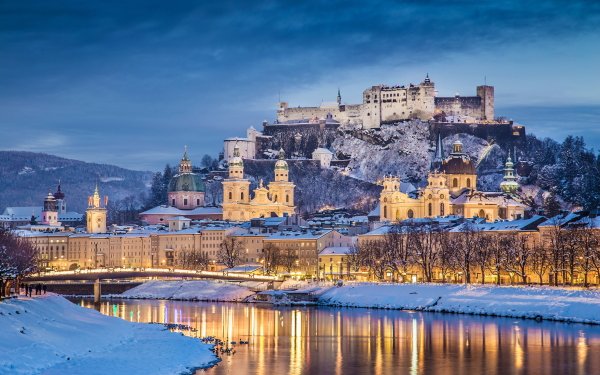 Man Made Hohensalzburg Castle Castles Austria Snow Winter Salzburg Castle Evening River HD Wallpaper | Background Image