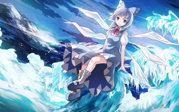 A vibrant HD wallpaper featuring Cirno from Touhou, depicted with short brunette hair, sitting on a wave amidst a dynamic icy background.