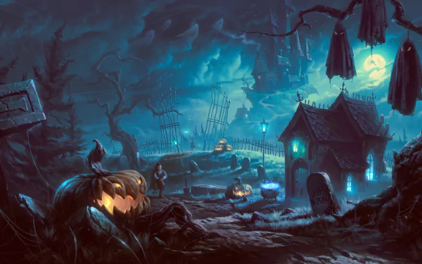 Dark, eerie Halloween scene with a haunted house, glowing jack-o'-lanterns, and ghostly figures, designed as an HD PC desktop wallpaper and background.