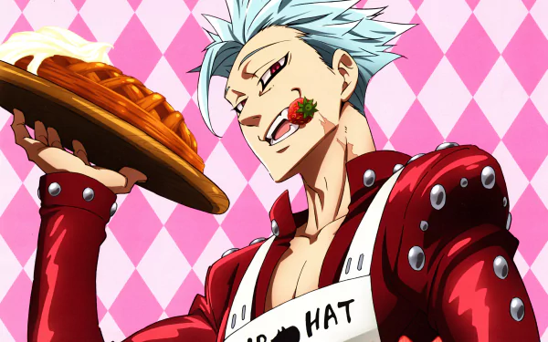 HD desktop wallpaper featuring Ban from the anime The Seven Deadly Sins, holding a pie with a confident smile, against a pink diamond-patterned background.