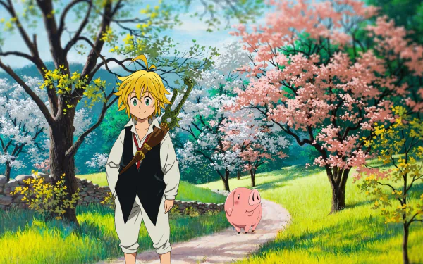 HD desktop wallpaper featuring Meliodas and Hawk from the anime The Seven Deadly Sins. They stand on a scenic path lined with blooming trees and vibrant green grass.