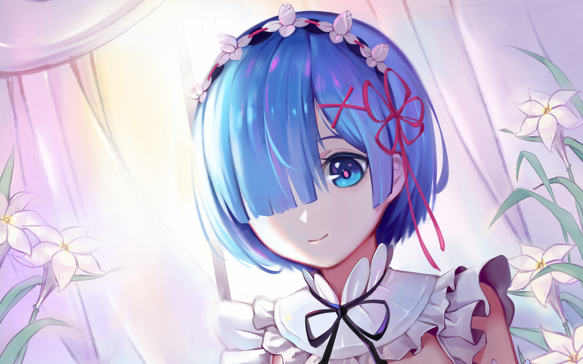 A stunning HD wallpaper featuring Rem from Re:ZERO - Starting Life in Another World, showcasing her enchanting blue hair and delicate attire amidst a serene background.