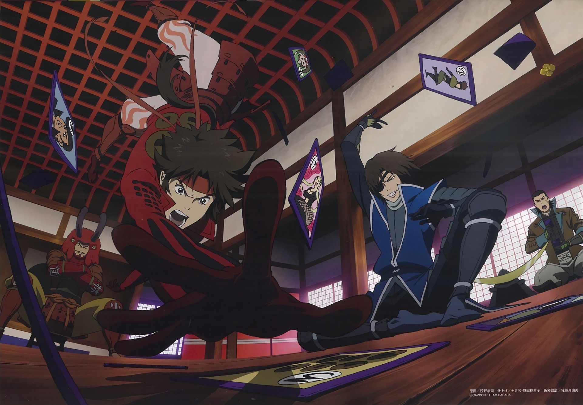 Anime Sengoku Basara — HD PC desktop wallpaper and background showing two warriors clashing in a timbered hall as dark tendrils erupt and cards fly.