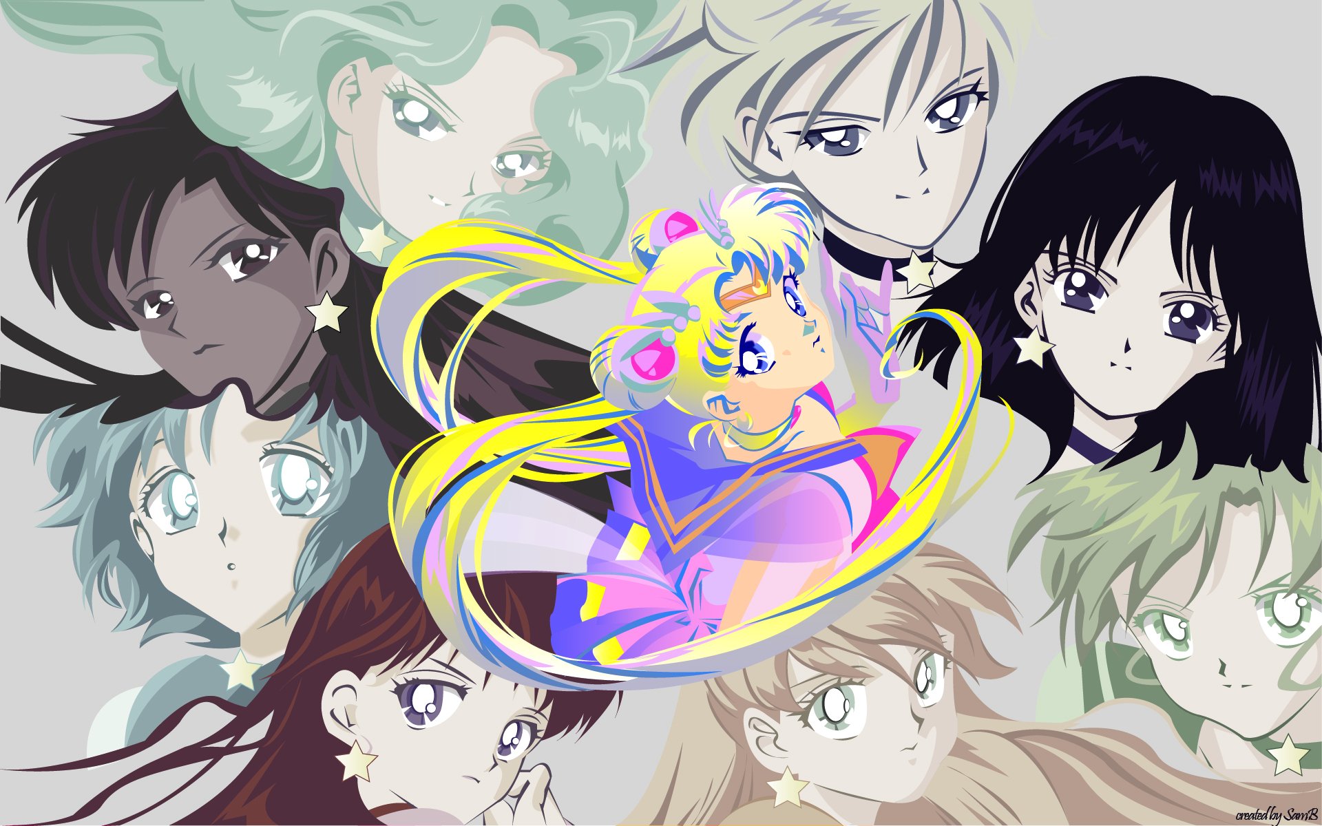 HD PC desktop wallpaper featuring vibrant anime-style Sailor Moon characters with dynamic poses and colorful highlights against a soft pastel background.
