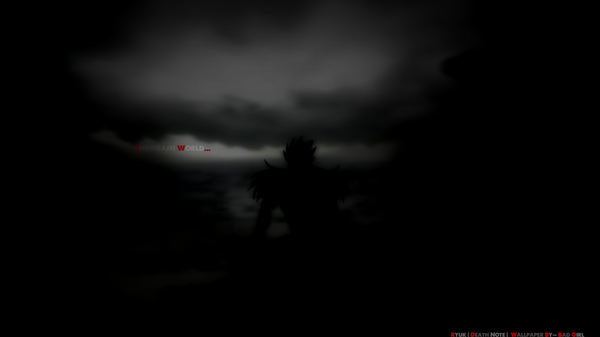 Dark, eerie HD anime wallpaper depicting a shadowy figure from Death Note against a cloudy, ominous sky, creating a mysterious and intense atmosphere.