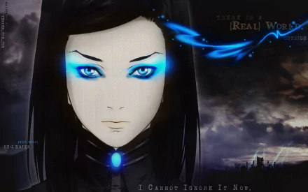 HD PC desktop wallpaper — Anime Ergo Proxy: pale woman with long dark hair, glowing blue eyes and pendant, blue energy swirls over a stormy cityscape.