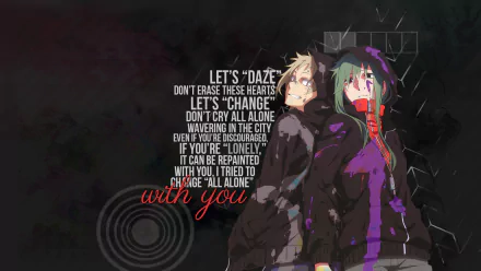 Anime Kagerou Project HD PC desktop wallpaper: two hooded figures back-to-back—one blond, one with teal-streaked hair—against a dark abstract background with visible song lyrics.