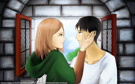 HD PC desktop wallpaper of Attack on Titan: Levi Ackerman and Petra Ral share a tender moment at an open stone window, sunlight and a green Survey Corps cloak.