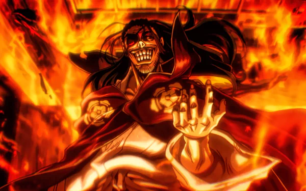 A striking HD wallpaper featuring Nobunaga Oda from the anime Drifters, depicted amidst flames with a fierce expression and outstretched hand, showcasing dynamic art and vibrant colors.