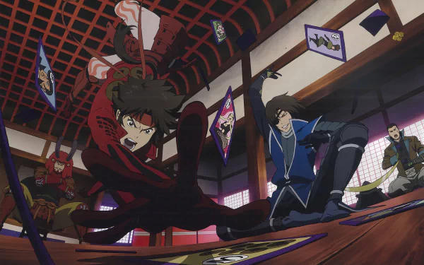 Anime Sengoku Basara — HD PC desktop wallpaper and background showing two warriors clashing in a timbered hall as dark tendrils erupt and cards fly.