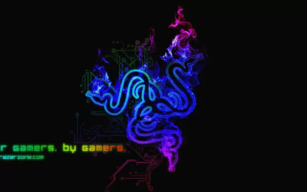 HD PC desktop wallpaper featuring a vibrant, glowing Razer logo with neon blue and purple hues against a black background, highlighting computer technology and gaming culture.