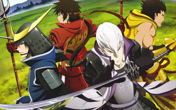 HD PC desktop wallpaper featuring four dynamic characters from the anime Sengoku Basara, each wielding distinct weapons against a vibrant outdoor backdrop.