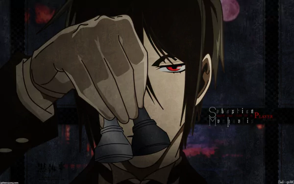 Anime HD PC desktop wallpaper featuring a dark, intense close-up of a Black Butler character holding chess pieces with red eyes and a shadowy background.