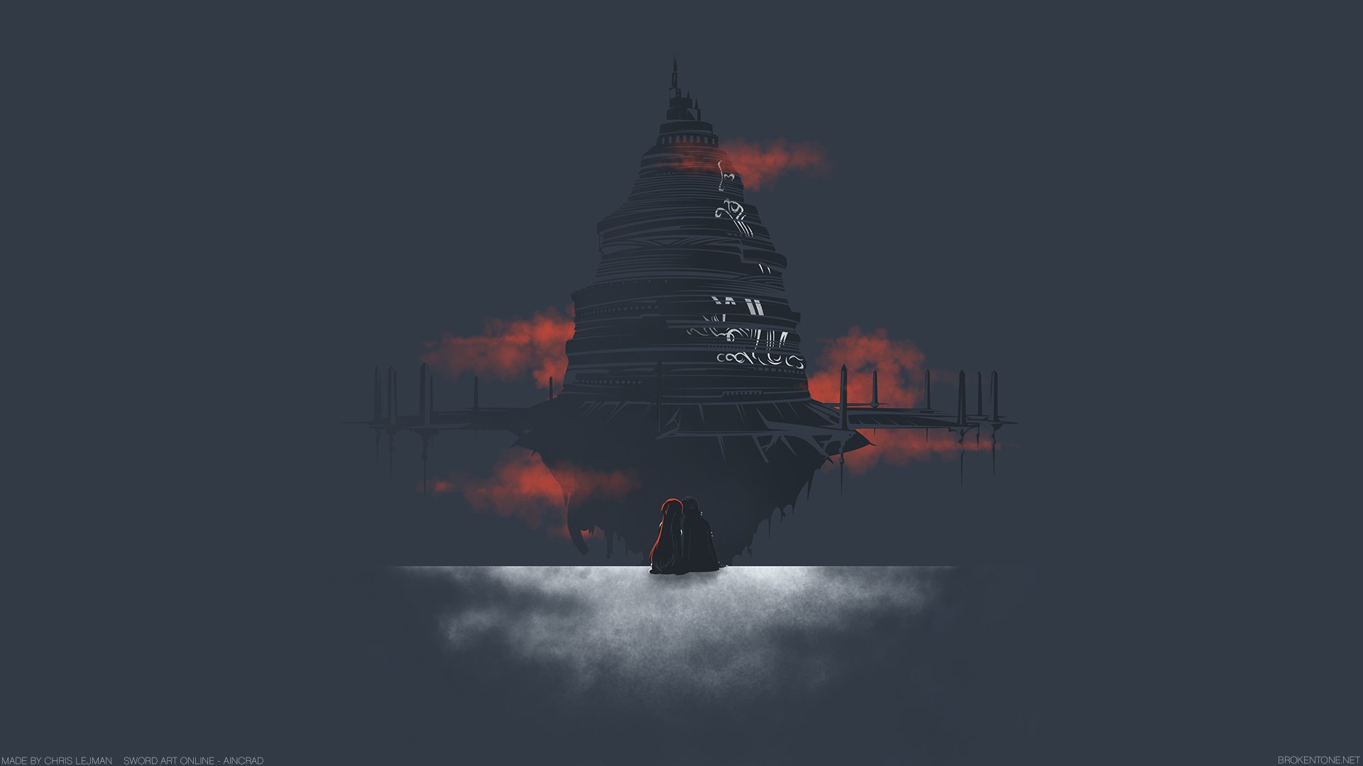 A dramatic HD wallpaper featuring Kazuto Kirigaya (Kirito) and Asuna Yuuki from Sword Art Online, set against a striking backdrop of a dark, imposing structure amid red clouds.