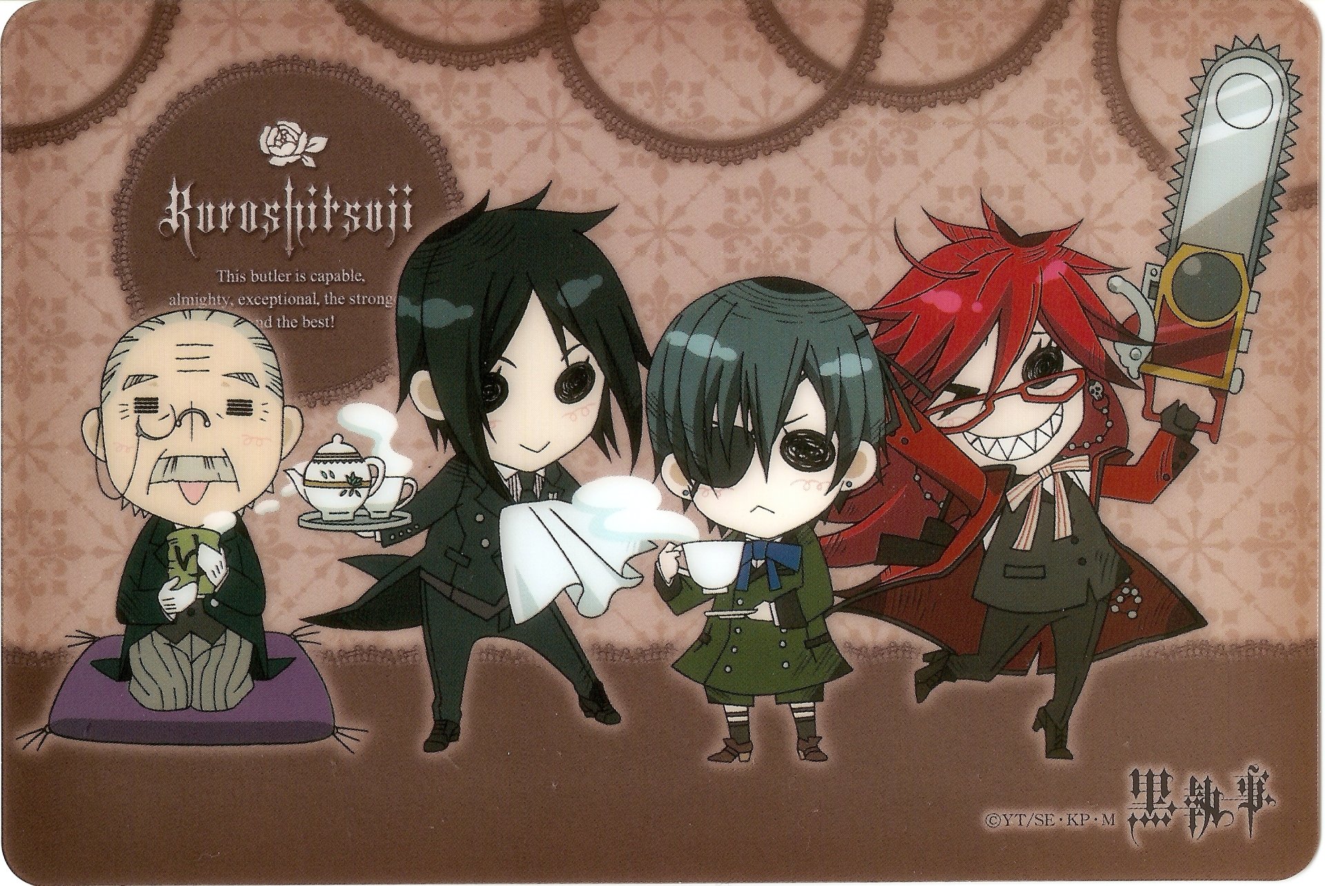 Anime-style Black Butler characters in chibi form, featuring a butler, a young boy, and two distinct companions, set against a patterned background for HD PC desktop wallpaper.