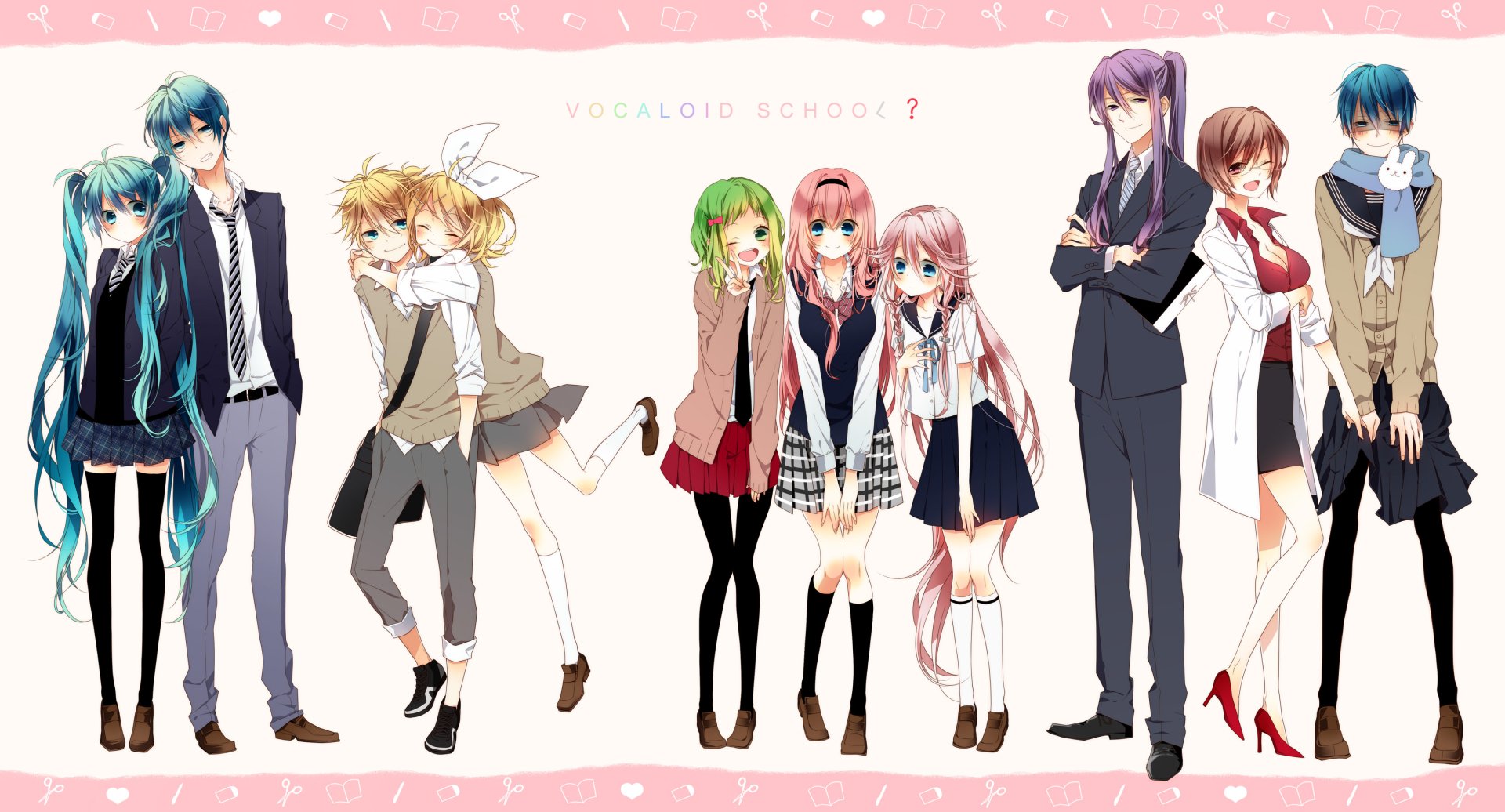 HD anime-style PC desktop wallpaper featuring iconic Vocaloid characters IA, Kamui Gakupo, Meiko, Kaito, Luka Megurine, GUMI, Len and Rin Kagamine, Hatsune Miku, and Hatsune Mikuo.