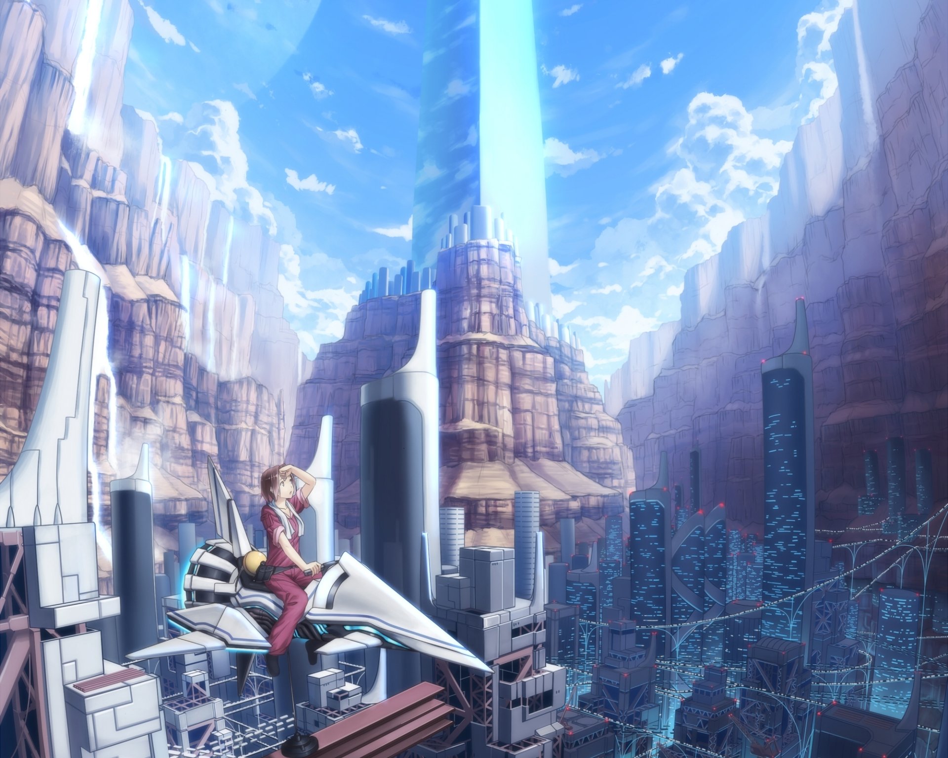 Sci‑Fi anime HD PC desktop wallpaper: lone rider on a sleek hoverbike overlooking a canyon city of glass spires and a towering blue energy beam beneath a bright sky.