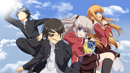 Anime characters Joujirou Takajou, Yū Otosaka, Yusa Nishimori, and Nao Tomori from *Charlotte* pose dramatically against a bright blue sky in this HD desktop wallpaper.
