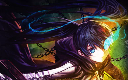 HD PC desktop wallpaper featuring Black Rock Shooter in dynamic anime style with vibrant colors and glowing blue eye effects.