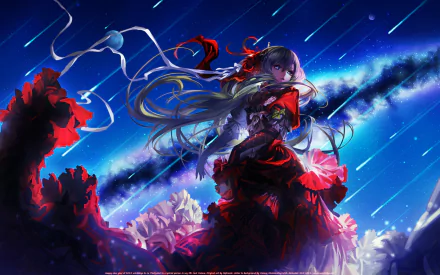 An HD desktop wallpaper featuring Hatsune Miku in a flowing red dress, with long hair cascading around her, set against a vibrant, starry night sky in an anime style.