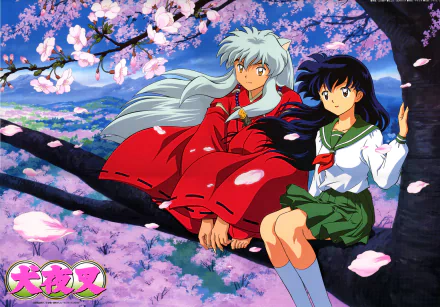 HD desktop wallpaper of InuYasha and a female character from the anime InuYasha, sitting on a tree branch surrounded by cherry blossoms.