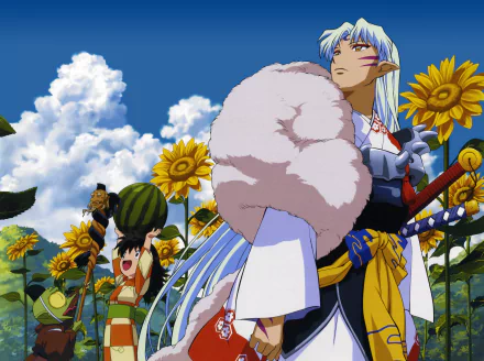 InuYasha stands confidently amidst a vibrant sunflower field, while a playful character joyfully holds watermelons. A colorful and dynamic anime scene in 4K Ultra HD.