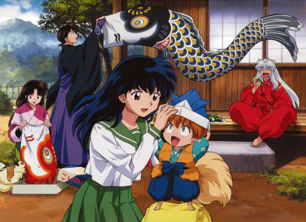 A vibrant HD wallpaper featuring InuYasha and characters from the anime, showcasing a lively scene with playful interactions and traditional motifs in a serene setting.