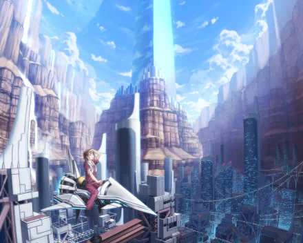 Sci‑Fi anime HD PC desktop wallpaper: lone rider on a sleek hoverbike overlooking a canyon city of glass spires and a towering blue energy beam beneath a bright sky.
