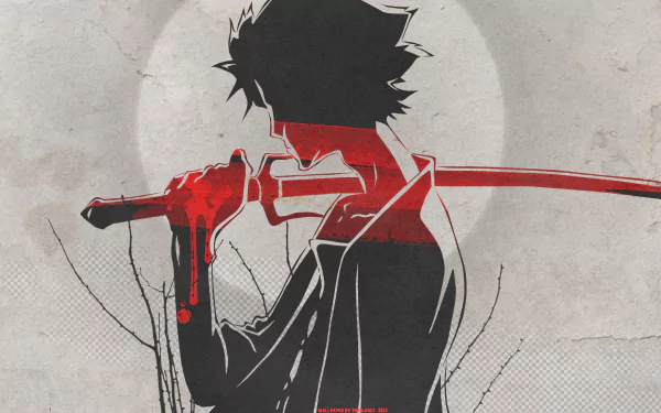 HD anime desktop wallpaper of Mugen from Samurai Champloo, silhouetted against a pale moonlit background, gripping a blood-stained katana with bold red accents.