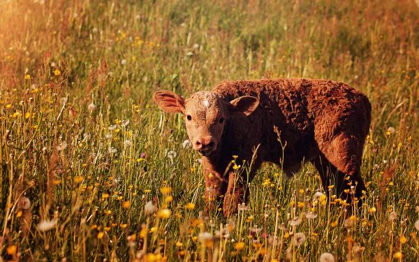 4K Ultra HD PC desktop wallpaper and background: a baby cow (calf) — a young animal — standing in a sunlit meadow of wildflowers.